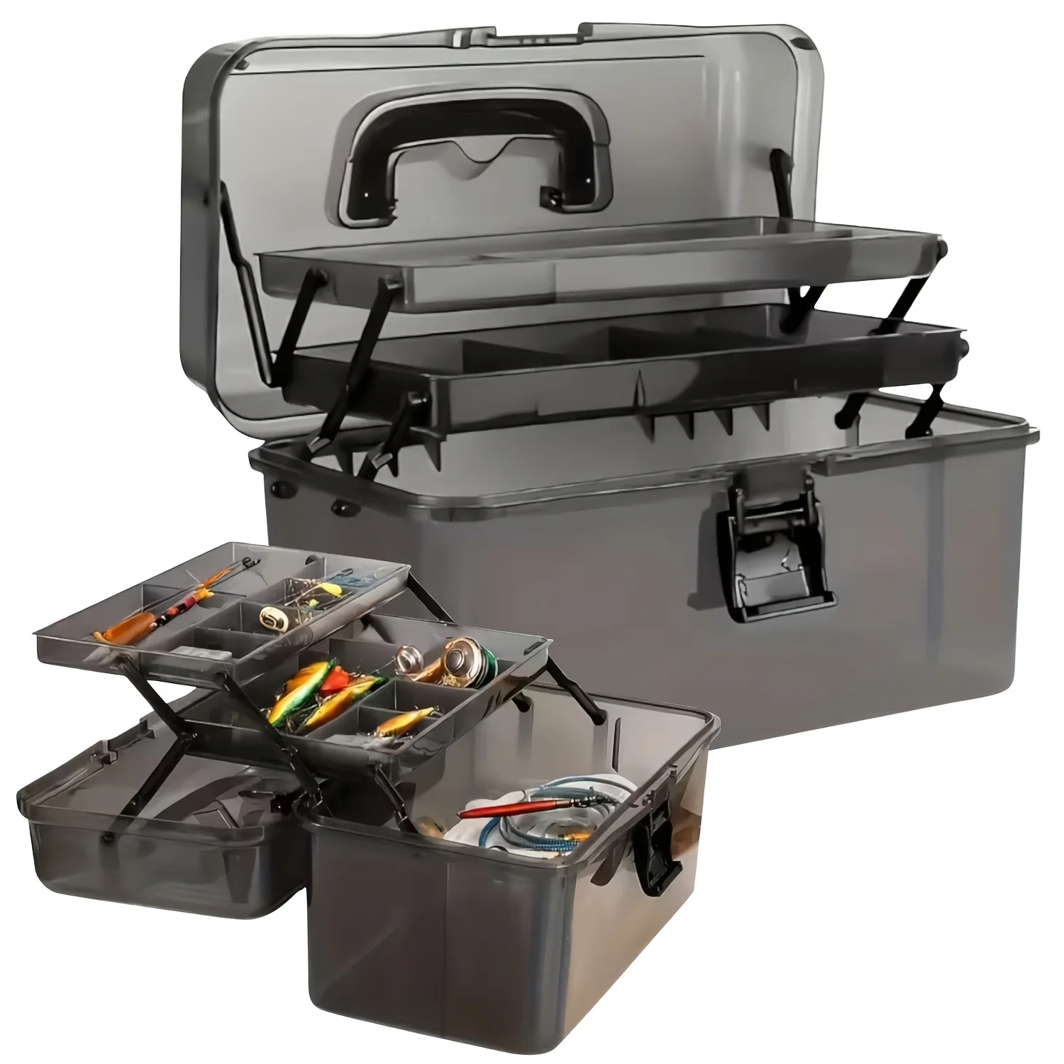 Fishing Kayak Crate - กล่องอุปกรณ์ตกปลา PE ทนทาน | ความจุขนาดใหญ่ ดีไซน์โปร่งใสสีดำ