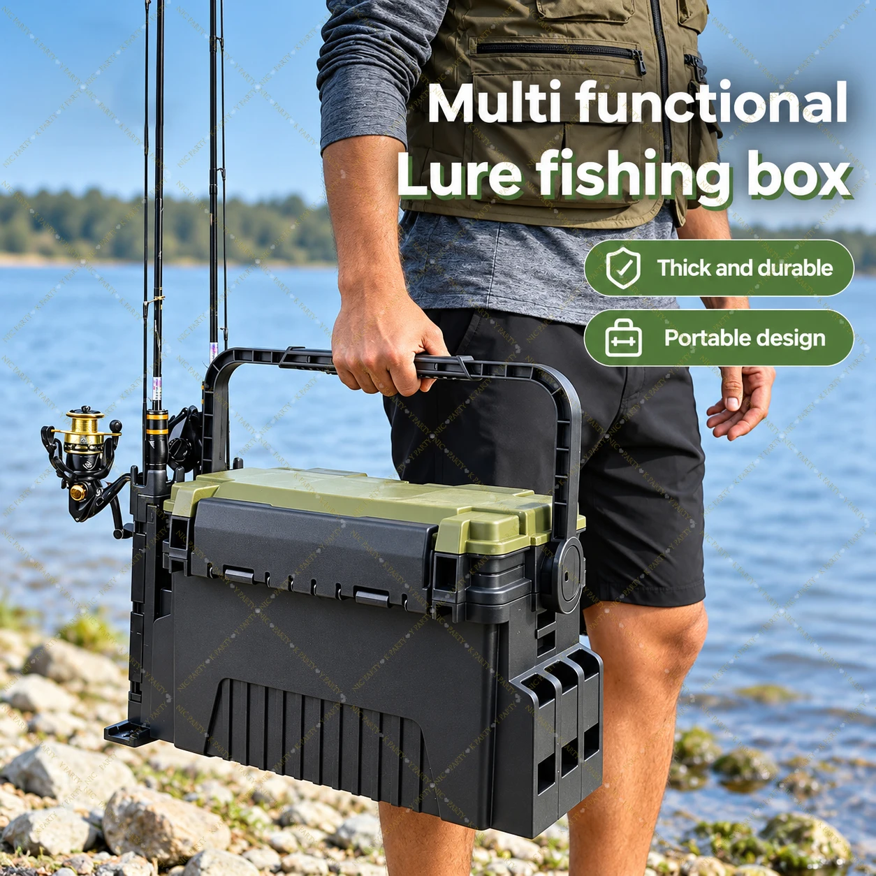 Fishing Kayak Crate - กล่องอุปกรณ์ตกปลาขนาดใหญ่ จุได้เยอะ พกพาสะดวก แบบสองชั้น พร้อมที่เก็บเหยื่อและที่วางคันเบ็ด กล่องตกปลาแข็งแรงทนทาน